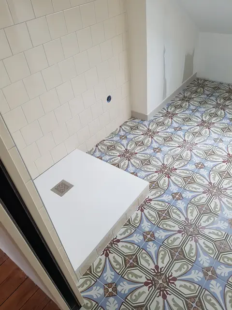 Sol en carreaux de ciment à motifs fleuris à côté d’une douche